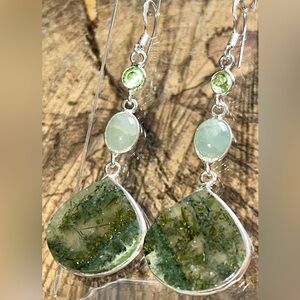 Yellow Green Prehnite & Amazonite Crystal Earrings 2 1/2”